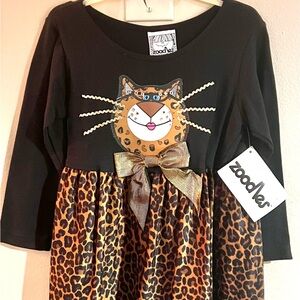 Zoodles Vintage Leopard Print Dress with matching socks and hair bow. Purrrfect